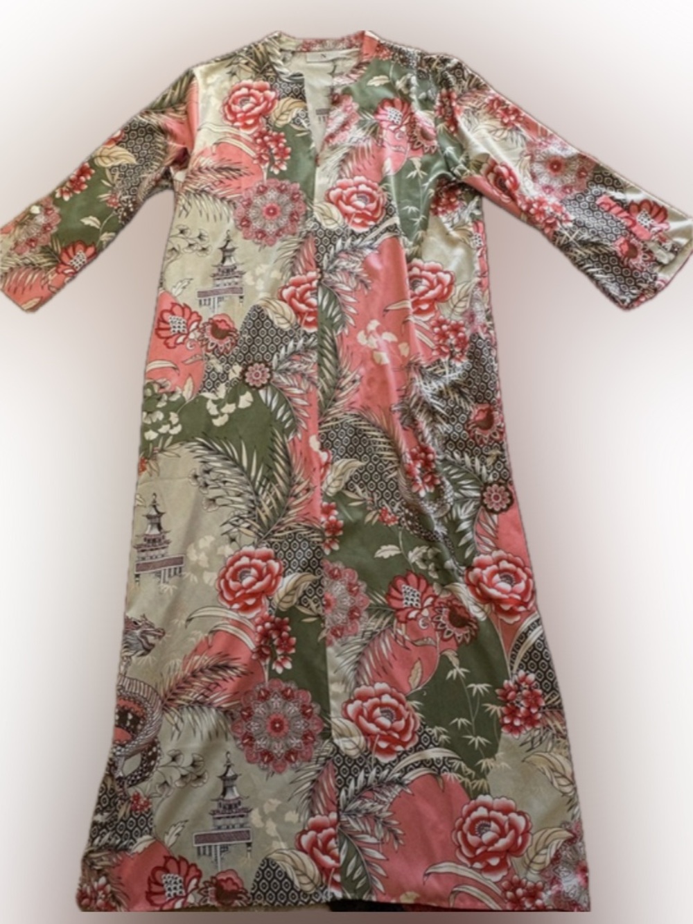 Vintage Natori Silky Maxi Gown Robe Coral & Olive Long Split Sleeve & Pockets - Picture 1 of 10